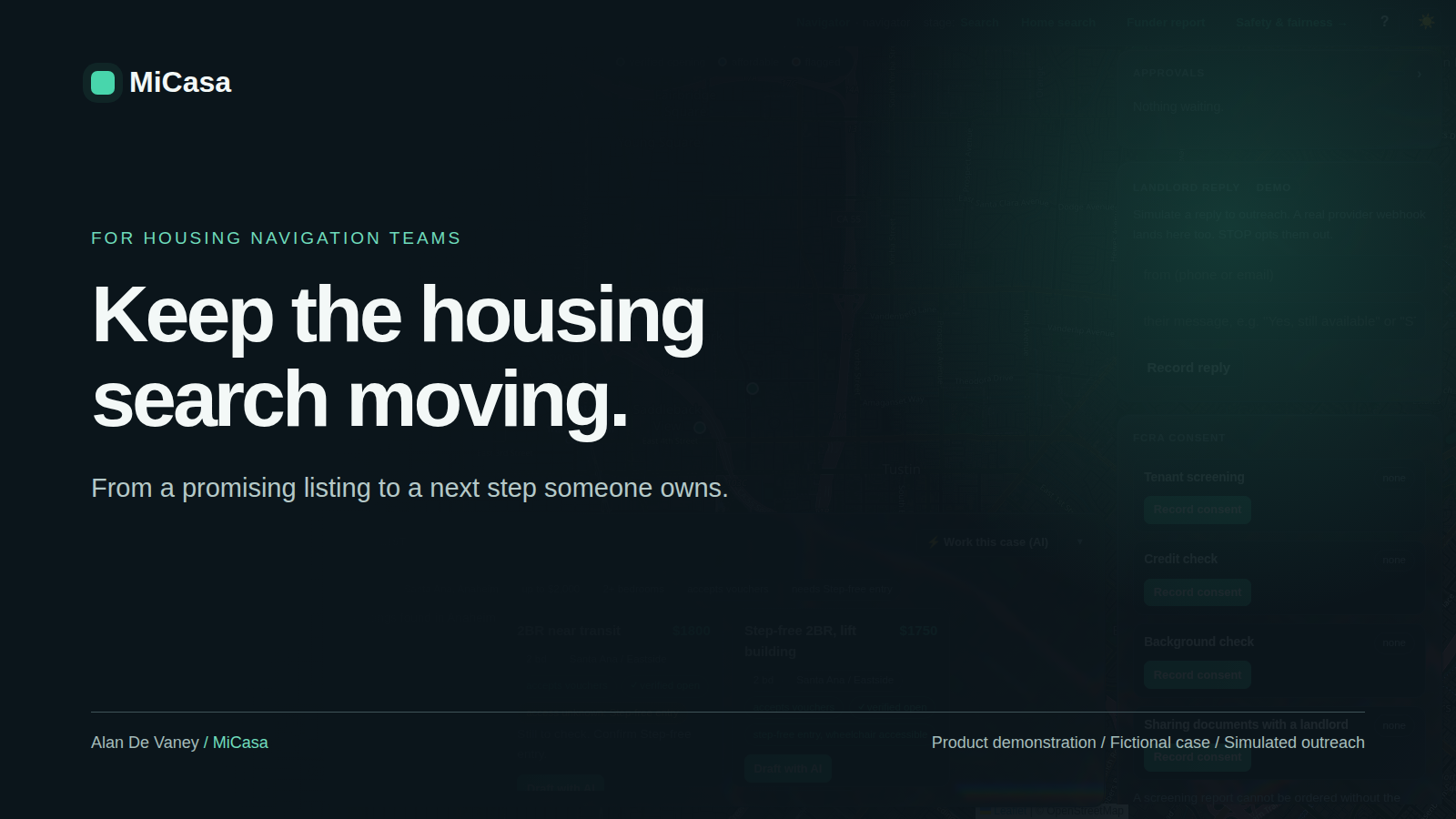 MiCasa demonstration title, Keep the housing search moving, over the navigator cockpit